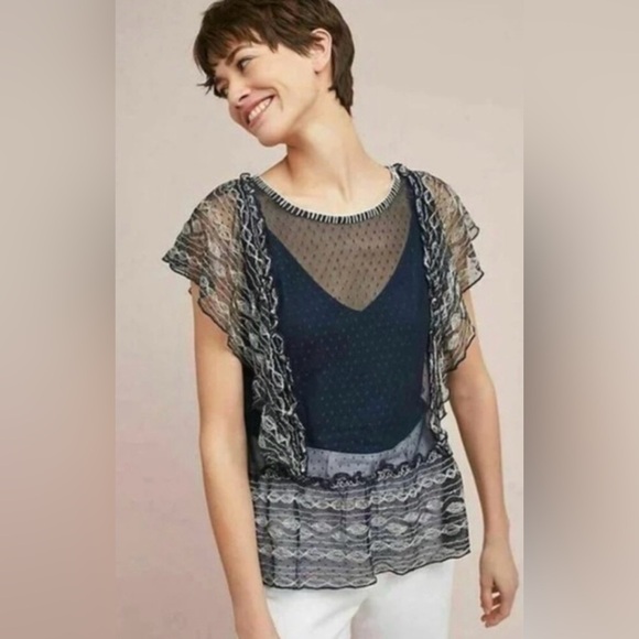 ANTHROPOLOGIE Meadow Rue Sloane Blouse Navy Sheer Dotted Mesh Top Size Large P - Picture 1 of 10